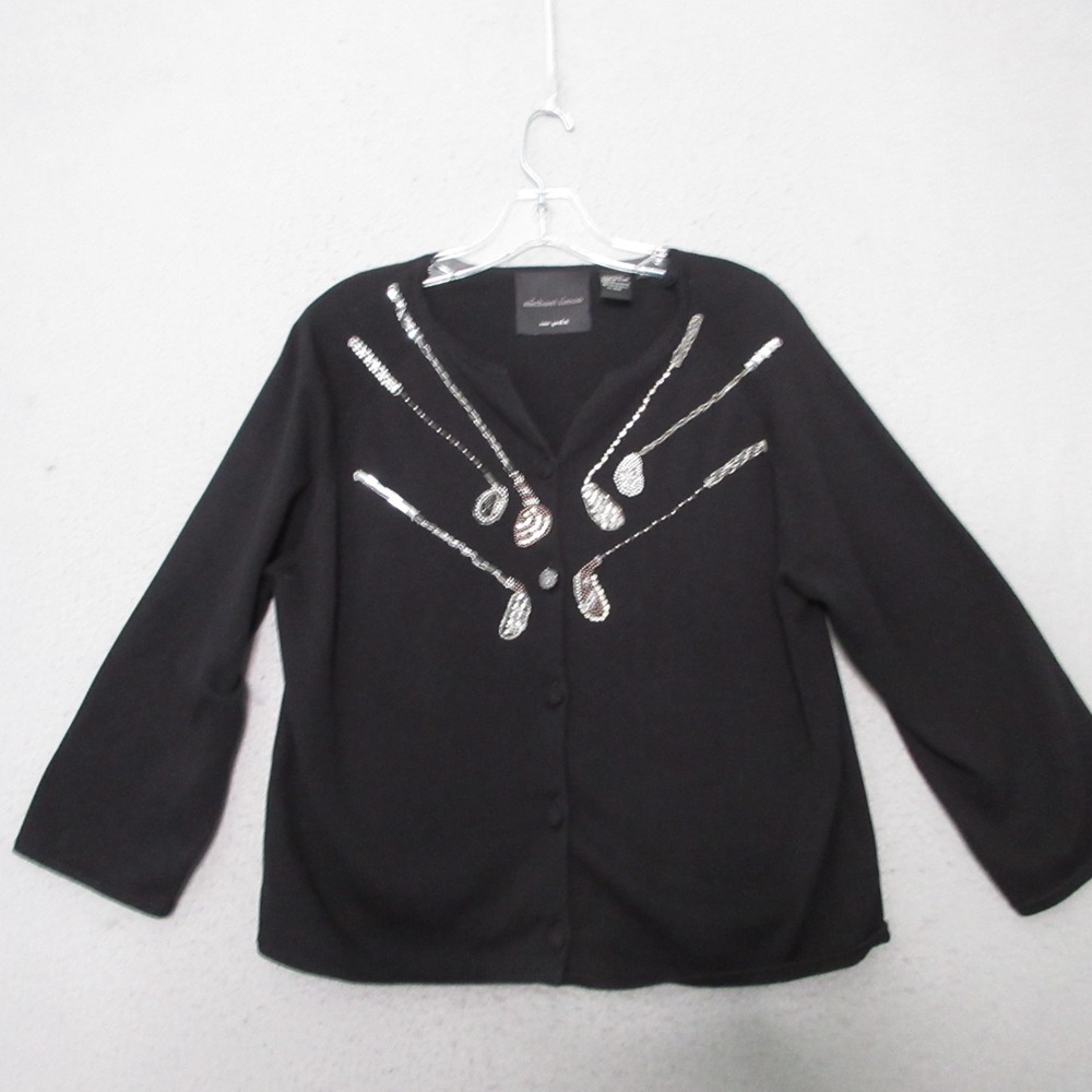 Vintage‎ Michael Simon Sweater Cardigan Medium Black Sequin Bead Golf Club Bling